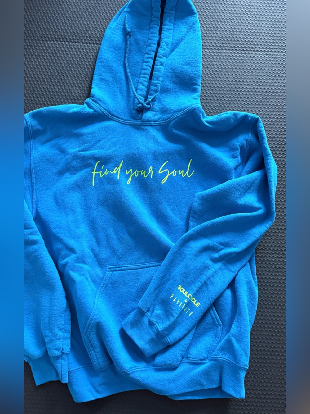 soulcycle Turquoise Blue Hoodie with Neon Yellow Script